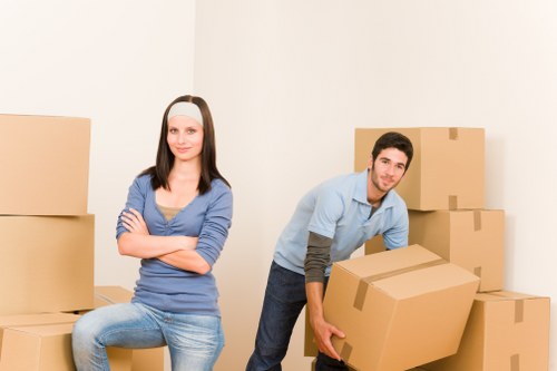 Packed office items ready for relocation in a Millwall business move