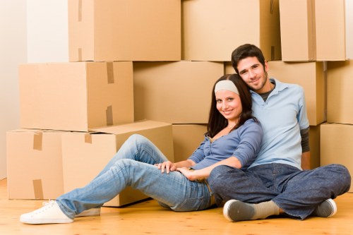 Packed boxes and furniture ready for domestic removals in Millwall