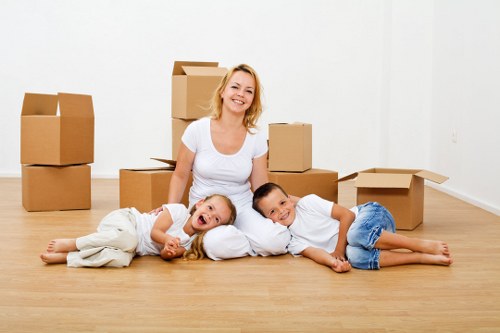 Packed boxes ready for house removals in a Millwall apartment
