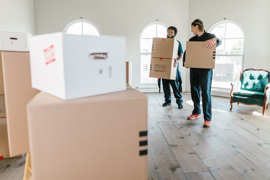 Two movers from Man with Van Millwall are inside a bright, spacious room with large arched windows and wooden flooring, handling packing and loading cartons for a home relocation. One man, wearing dark clothing and pink shoes, is carrying a medium-sized cardboard box while engaged in a discussion with the other mover, dressed in a light-colored t-shirt and dark trousers. The room contains additional cardboard boxes of various sizes, some sealed with packing tape, and a green vintage armchair positioned near the window. The movers appear to be preparing for furniture transport and loading the boxes into a van, which is outside the doorway, ready for transportation. The scene captures the logistical process of packing, moving, and furniture transport, emphasizing careful handling of packaging materials like cardboard and plastic wrap, as part of the house removals associated with the Best movers for Mudchute Estate flats in Millwall (E14). The natural lighting enhances visibility of the scene, focusing on the packing and loading process for efficient home relocation.